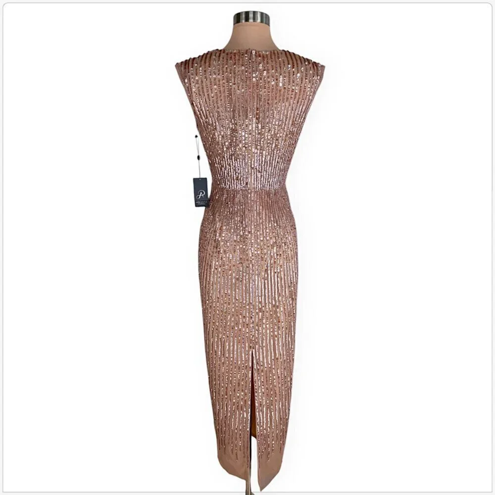 Adrianna Papell Rose Gold Cowl Neck Beaded Sequin Column Gown Dress NWT New 4